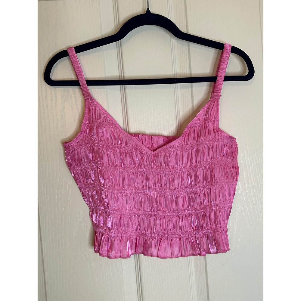 Glam Los Angeles Pink Metallic Smocked Ruffle Crop Top Cami Size L NEW
